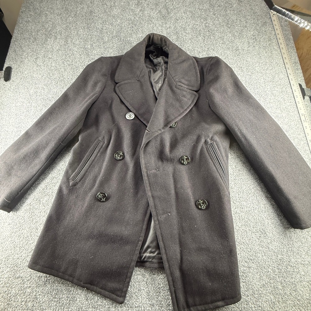 Mens Black Wool Blend Double Breasted Pea Coat Nautical Anchor Buttons M L